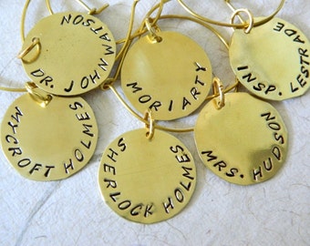 SHERLOCK HOLMES, 6 Piece Wine Charm Set, Dr. John Watson, Insp. Lestrade, Moriarty, Mrs. Hudson, Mycroft Holmes, SuperWhoLock, Fan Gift