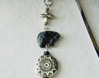 Southwestern Snowflake Obsidian Bear Fetish & Silver Sun Beaded Bookmark, Useful Thank You Gift, Snow Flake Bear, Black White Silver