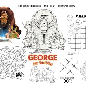 Könnte beinhalten: Geburtstagsgrafik mit einem Bären und Zeichentrickfiguren. Enthält ein Labyrinth, ein Kreuzworträtsel und ein Tic-Tac-Toe-Spiel. Der Text lautet "BRING COLOR TO MY BIRTHDAY" und "GEORGE 8th Birthday".