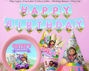 Gabby's Dollhouse Party Decorations Bundle, Editable Canva Template | Kids Birthday Banner, Plate Topper, Party Hat Printable Party Decor Set