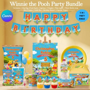 Könnte beinhalten: Ein Winnie-the-Pooh-Party-Bundle mit einem Banner mit der Aufschrift "Happy Birthday". Das Bundle enthält Einladungen, Chip-Tüten, Snacks, Cupcake-Topper und mehr. Das Thema dreht sich um Christopher Robins 5. Geburtstag.