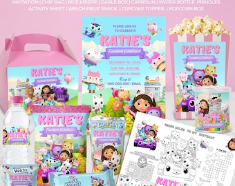 Gabby Dollhouse Party Favor Bundle- (10 in. 1) Editable Canva Template, Printable Birthday Decorations, Chip Bag, Capri Sun, Cupcake Topper