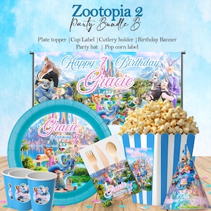 Zootopia 2 Party Favor Bundle, Editable Canva Template, Kids Birthday,Banner, Plate Topper, Popcorn Labels, Printable Party Decor Set image 1