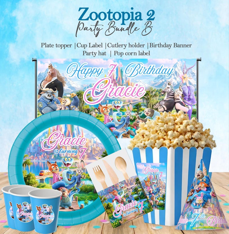 Zootopia 2 Party Favor Bundle, Editable Canva Template, Kids Birthday,Banner, Plate Topper, Popcorn Labels, Printable Party Decor Set image 1