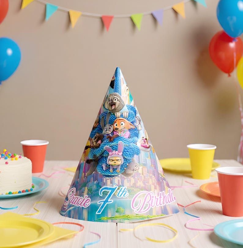 May include: A cone-shaped party hat with a cartoon design, featuring characters from an animated film. The hat has a blue and white pattern and the text "Sucie 7th Birthday". Party decorations are visible.