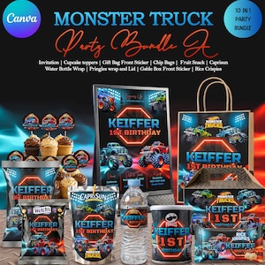 Könnte beinhalten: Ein Monster Truck Party-Bundle mit Einladungen, Cupcake-Toppern und Geschenkbeutel-Aufklebern. Das Design zeigt Monstertrucks und den Text "Keiffer 1. Geburtstag". Enthält CapriSun, Pringles und Rice Krispies. Ein 10-in-1 Party-Bundle.