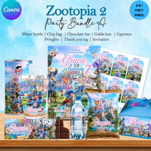 Könnte beinhalten: Ein Zootopia 2 Party-Bundle mit Wasserflasche, Chipstüte, Schokoriegel, Gable-Box, Caprisun, Pringles, Dankeskarten und einer Einladung. Die Artikel sind mit Charakteren und dem Text "Gracie wird 7" verziert.