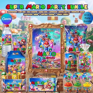 Könnte beinhalten: Ein Super Mario 7. Geburtstagsparty-Set mit Einladung, Chipstüte, Riegelverpackung, Geschenkschachtel, Getränkeetikett, Wasserflaschenetikett, Pringles-Verpackung, Schokoladenverpackung, Cupcake-Aufsteckern und Süßigkeitenetiketten mit bunten Motiven.
