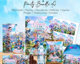 Zootopia 2 Party Favor Bundle- (8 in 1) Editable Canva Template,Kids Birthday Decorations Chip Bag Water Bottle Labels Printable Party Kit