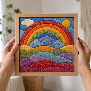 May include: A square framed fabric wall art piece featuring a colorful quilted landscape. The design displays a vibrant rainbow arching over blue mountains, with rolling hills in shades of yellow, green, purple, and red, all accented by a sun and cloud.