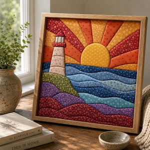 May include: A square framed fabric wall art piece featuring a quilted lighthouse scene. The design includes a yellow sun, orange and red sunburst rays, and a blue ocean with wavy fabric layers. The foreground shows purple and red floral hills.