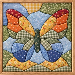Puede incluir: Una pieza de arte mural de tela enmarcada de forma cuadrada que presenta un motivo central de mariposa construido con varios parches de tela acolchada. Las alas y el cuerpo de la mariposa muestran una mezcla de patrones florales, de cuadros vichy y de lunares en colores rojo, naranja, amarillo, azul y verde.