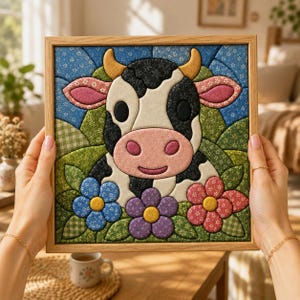 Könnte beinhalten: Ein quadratisches Wandbild aus Stoff mit einem gesteppten Kuh-Design, schwarzen und weißen Flecken, einer rosa Schnauze und gelben Hörnern. Die Kuh ist von blauen, violetten und roten Stoffblumen vor einem grün-blauen Musterhintergrund umgeben.