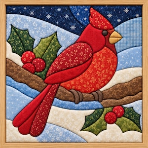 Puede incluir: Una pieza de arte mural de tela que muestra un pájaro cardenal rojo posado en una rama marrón. La escena incluye hojas de acebo verdes con bayas rojas sobre un fondo de parches de tela azul y blanca con patrones de copos de nieve, en un marco de madera.