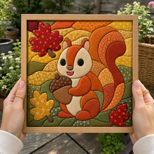 May include: A square framed fabric wall art piece featuring a cartoon squirrel holding an acorn. The squirrel is orange and cream, surrounded by stylized autumn leaves in red, yellow, and orange patterns against a wavy, multi-colored background.
