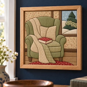 Peut inclure: Une œuvre d'art murale en tissu encadrée de forme carrée représentant un fauteuil vert sauge avec un jeté crème, un coussin à carreaux et un livre rouge. Une fenêtre montre un sapin vert sur un ciel bleu enneigé.