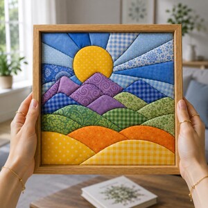 May include: A square fabric wall art piece in a light wood frame featuring a quilted landscape design. The scene depicts a bright yellow sun against a blue sky, purple mountains, green rolling hills, and orange and yellow foreground fields.