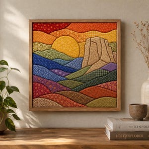 May include: A square fabric wall art piece in a wooden frame, featuring a quilted landscape design with a large yellow sun, a tan rock formation, and rolling hills in various floral and patterned fabrics of red, orange, blue, green, and purple.