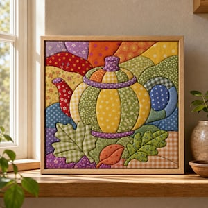 May include: A square framed fabric wall art piece featuring a quilted teapot design in yellow, green, and purple. The background consists of colourful patchwork fabric sections with various patterns including polka dots, gingham, and floral prints.