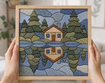 Puede incluir: Una pieza de arte mural de tela cuadrada en un marco de madera clara que presenta un paisaje acolchado de una cabaña rodeada de pinos. El diseño incluye un reflejo invertido de la escena en parches de tela con motivos florales azules y verdes.