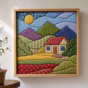 Op de afbeelding: Een vierkant wandkunstwerk van stof in een lichthouten lijst met een landschap van een huis, glooiende heuvels en een gele zon. De scène bevat diverse textielsoorten met patronen in rood, groen, blauw, geel en paars, samengevoegd tot een quilt.
