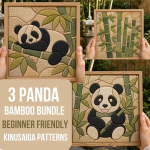 May include: A set of three framed fabric art pieces featuring panda and bamboo designs. The artwork uses various shades of green, beige, and black fabric to create textured images of pandas resting on or holding bamboo stalks within wooden frames.