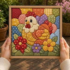 Könnte beinhalten: Ein quadratisches, gerahmtes Wandbild aus Stoff mit einem zentralen, gesteppten Patchwork-Huhn, umgeben von bunten Blumenmotiven. Das Huhn ist cremefarben mit rotem Kamm und Kehllappen und ist vor einem Hintergrund aus verschiedenen gemusterten Stoffformen in Rot-, Gelb-, Grün-, Blau- und Violetttönen platziert.