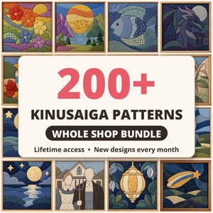 Puede incluir: Una pantalla digital con el texto 200+ KINUSAIGA PATTERNS WHOLE SHOP BUNDLE Lifetime access New designs every month, rodeada por una cuadrícula de varios cuadrados de arte en tela colorida que representan paisajes, animales y figuras.