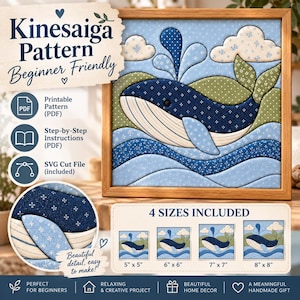 Puede incluir: Un patrón Kinesaiga para un tapiz de pared de ballena acolchada con una ballena azul oscuro con patrones florales blancos, colinas verdes y olas azul claro. Incluye instrucciones en PDF, archivos SVG y cuatro tamaños: 12,7 a 20,3 cm.