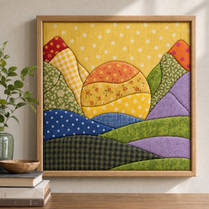 May include: A square fabric wall art piece in a light wood frame featuring a landscape of rolling hills and a sun. The scene is composed of various patterned textiles including yellow polka dots, green floral prints, blue gingham, and purple textures.