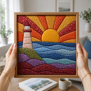 May include: A square fabric wall art piece in a wooden frame featuring a quilted lighthouse scene. The design displays a yellow sun with radiating orange and red floral patterned rays above blue wavy ocean waters and a multi-coloured landscape.