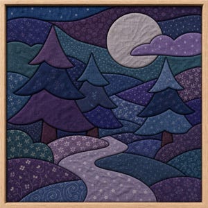 May include: A square fabric wall art piece featuring a nighttime landscape with three stylised evergreen trees, a large circular moon, and a winding path. The scene is composed of various shades of blue and purple fabric with floral patterns.