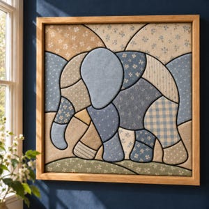 May include: A square wall art piece featuring a fabric patchwork elephant in shades of blue, beige, and white. The elephant is composed of various patterned textiles including gingham, floral, and polka dot prints, all encased in a light wood frame.
