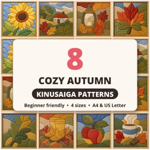 Cozy Autumn Craft Night Kinusaiga Patterns Bundle PDF | Beginner Friendly Fall Fabric Mosaic Templates | Printable No Sew Craft