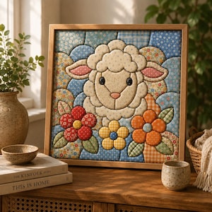Puede incluir: Una pieza de arte mural cuadrada enmarcada con un diseño de tela acolchada de una oveja rodeada de flores coloridas. La oveja tiene lana color crema, orejas rosas y ojos negros. El fondo consiste en parches de tela azul con flores y cuadros.