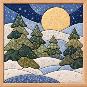 Puede incluir: Una pieza de arte mural de tela cuadrada en un marco de madera clara que representa una escena nocturna de invierno. La composición presenta cuatro árboles de hoja perenne en tonos verdes con patrones florales sobre colinas nevadas y una luna.