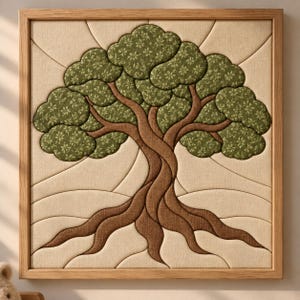 May include: A square wall art piece featuring a fabric-covered tree design in a light wood frame. The tree has a brown textured trunk and roots with green foliage sections patterned with small white flowers, all set against a beige background.