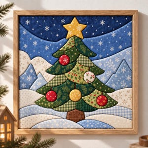 Pode incluir: Uma peça de arte de parede quadrada numa moldura de madeira clara com um design de colcha de tecido de uma árvore de Natal. A árvore é decorada com ornamentos redondos em vermelho, branco e amarelo, com uma estrela amarela no topo.