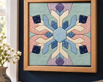 Puede incluir: Una pieza de arte mural cuadrada con un diseño de edredón de tela que muestra un patrón central de copo de nieve. El diseño utiliza tonos azul claro, crema, rosa y azul oscuro con estampados florales, enmarcado en madera clara.