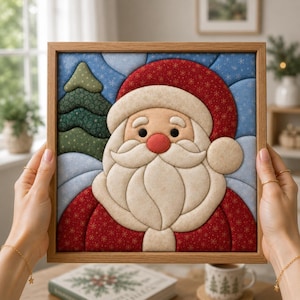 Pode incluir: Uma peça de arte em tecido emoldurada de formato quadrado com um Pai Natal acolchoado com gorro vermelho, barba branca e nariz vermelho. O fundo apresenta um pinheiro verde e um céu azul com padrões de flocos de neve brancos. A moldura é de madeira clara.