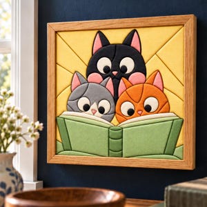 May include: A square wall art piece in a light wood frame featuring a fabric-textured illustration of three cats—one black, one gray, and one orange—reading a large green book against a yellow sunburst background with geometric lines.