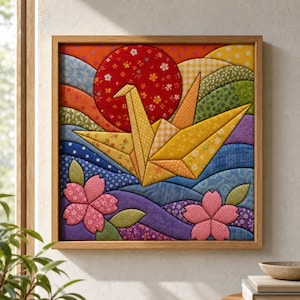 Puede incluir: Una pieza de arte mural de tela enmarcada de forma cuadrada que presenta una grulla de origami amarilla centrada frente a un gran sol rojo. El fondo consta de ondas de tela superpuestas y multicolores en azul, verde y naranja, con dos flores de cerezo rosas.