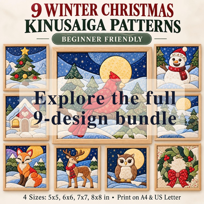 Fox Sowing Pattern Kinusaiga Christmas Wreath Pattern – Holly & Bow Farmhouse Wall Art, No ...