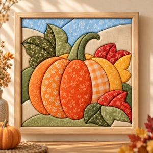 May include: A square fabric wall art piece in a light wood frame featuring a quilted pumpkin design. The pumpkin is composed of orange, yellow, and red fabric segments with floral and gingham patterns, accented by green fabric leaves.