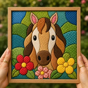 Op de afbeelding: Een vierkant ingelijst textielkunstwerk met een gewatteerde paardenkop in bruin- en beigetinten, omringd door een achtergrond van blauwe en groene stoffen lapjes met patronen. Drie stoffen bloemen in rood, geel en roze staan onderaan.