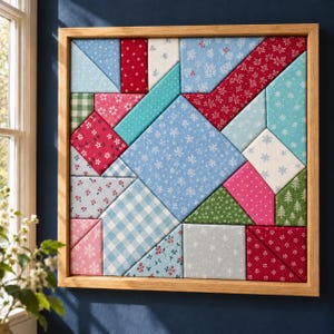May include: A square wall art piece featuring a wooden frame and a geometric mosaic of fabric patches. The fabric patterns include red, light blue, pink, and green colors with prints of snowflakes, gingham checks, flowers, and pine trees.