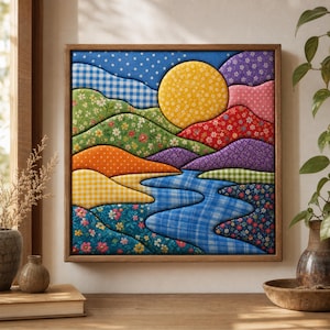 Könnte beinhalten: Ein quadratisches Wandbild, das eine Landschaft aus geschichteten Stoffstücken darstellt. Die Szene zeigt sanfte Hügel in Grün, Orange und Violett, eine leuchtend gelbe Sonne und einen geschwungenen blauen Fluss, alle mit Blumen-, Punkt- und Vichy-Mustern versehen.