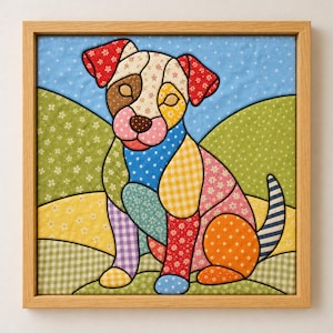 Puede incluir: Una pieza de arte mural de tela enmarcada que presenta un perro de patchwork hecho de varios textiles coloridos con patrones, incluyendo estampados florales, de cuadros, de lunares y de rayas. El perro se sitúa sobre un fondo de colinas verdes y un cielo azul claro.