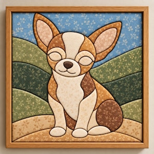 May include: A framed fabric wall art piece featuring a stylised chihuahua with closed eyes. The dog is composed of tan, brown, and cream floral patterned fabric patches. The background consists of layered green and blue floral fabric hills.