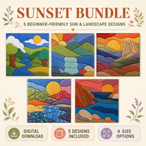 May include: A digital download bundle titled SUNSET BUNDLE featuring 5 beginner-friendly sun and landscape designs. The image displays five square quilt-style patterns with colorful fabric textures, depicting various natural scenes with suns, hills, and water.